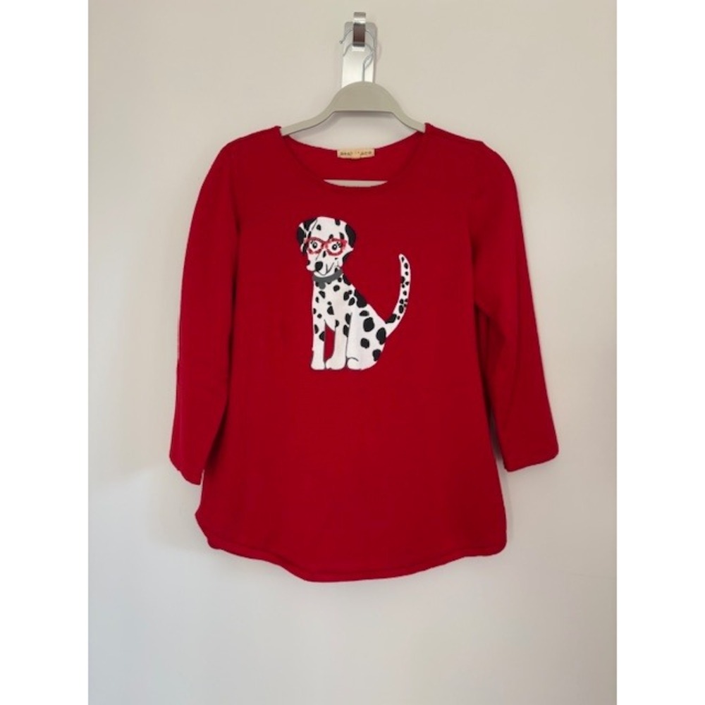Mesh + Lace Red Dalmatian Dog‎ Graphic Knit Top 3/4 Sleeve Size Large